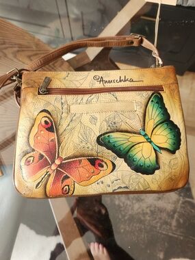 Anuschka Tan Leather Crossbody Bag with Green Orange Blue Butterflies